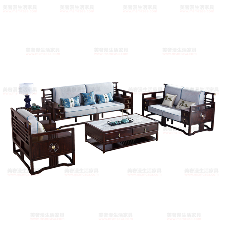 美奢漫新中式金絲檀木棉麻沙發(fā)ZSK016#